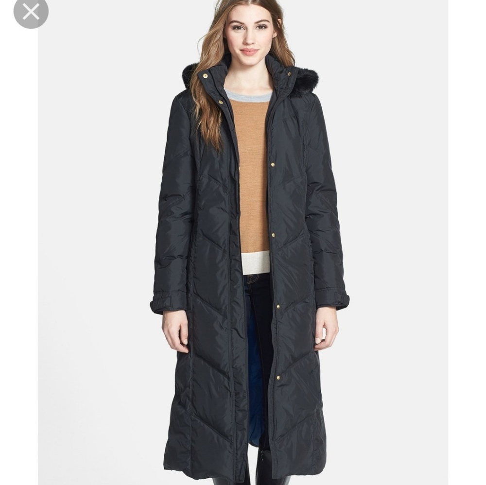 Tahari Maxi Down Coat with Rabbit Fur Trim